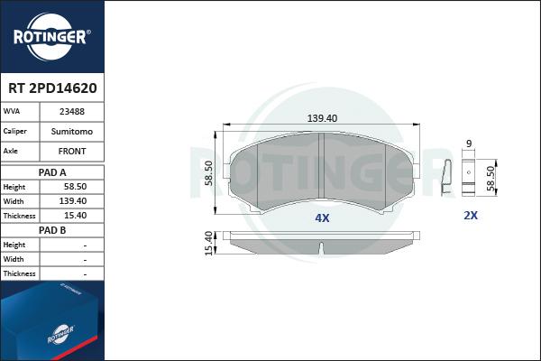 Rotinger RT 2PD14620 - Комплект спирачно феродо, дискови спирачки vvparts.bg