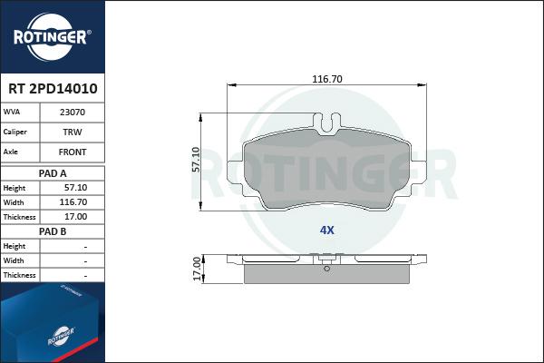 Rotinger RT 2PD14010 - Комплект спирачно феродо, дискови спирачки vvparts.bg