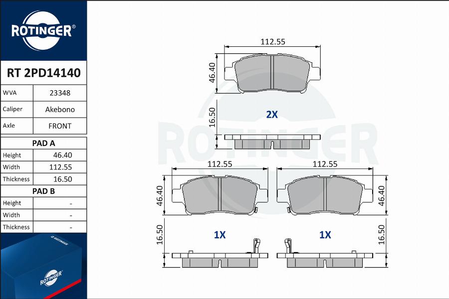 Rotinger RT 2PD14140 - Комплект спирачно феродо, дискови спирачки vvparts.bg