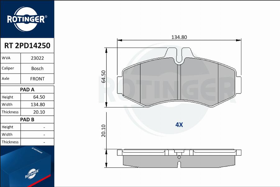 Rotinger RT 2PD14250 - Комплект спирачно феродо, дискови спирачки vvparts.bg