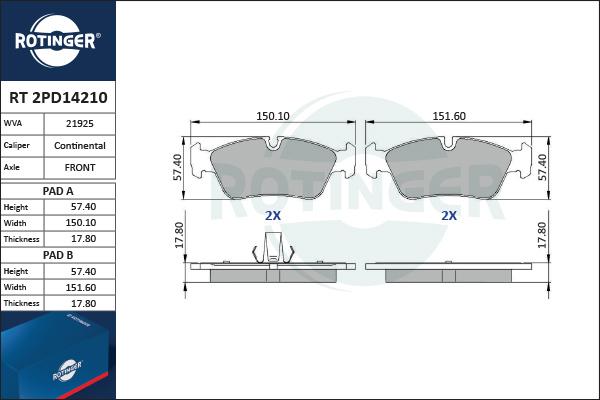 Rotinger RT 2PD14210 - Комплект спирачно феродо, дискови спирачки vvparts.bg