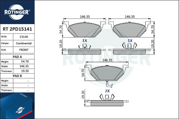 Rotinger RT 2PD15141 - Комплект спирачно феродо, дискови спирачки vvparts.bg