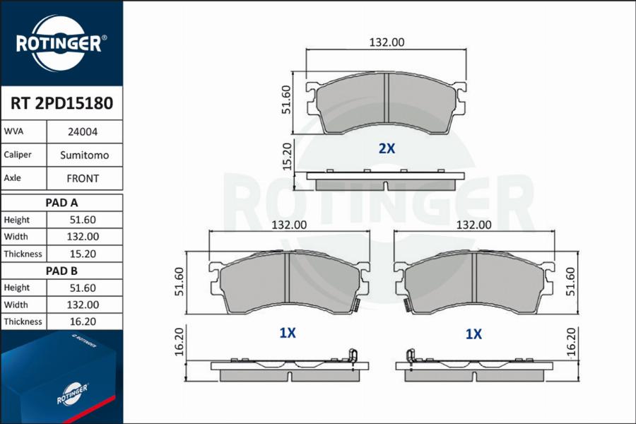 Rotinger RT 2PD15180 - Комплект спирачно феродо, дискови спирачки vvparts.bg