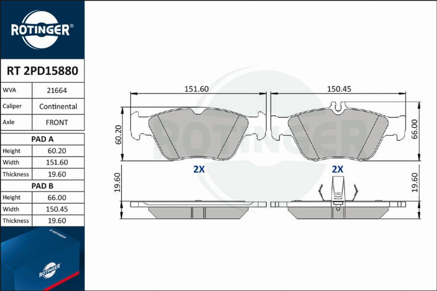 Rotinger RT 2PD15880 - Комплект спирачно феродо, дискови спирачки vvparts.bg