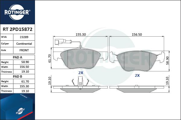 Rotinger RT 2PD15872 - Комплект спирачно феродо, дискови спирачки vvparts.bg