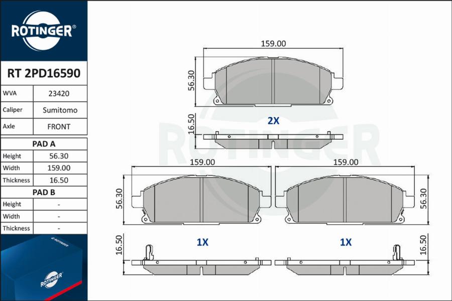 Rotinger RT 2PD16590 - Комплект спирачно феродо, дискови спирачки vvparts.bg