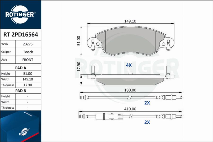 Rotinger RT 2PD16564 - Комплект спирачно феродо, дискови спирачки vvparts.bg