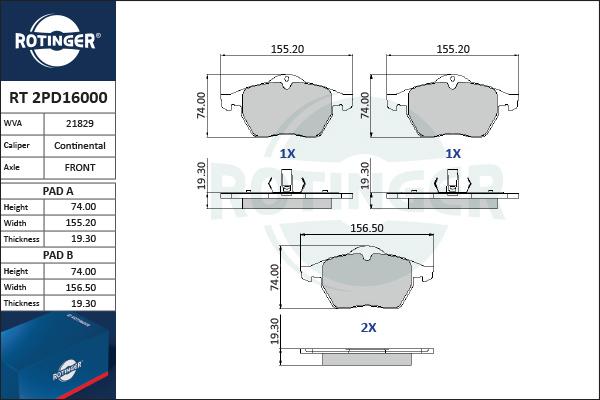 Rotinger RT 2PD16000 - Комплект спирачно феродо, дискови спирачки vvparts.bg