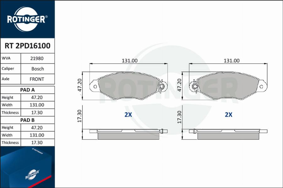 Rotinger RT 2PD16100 - Комплект спирачно феродо, дискови спирачки vvparts.bg