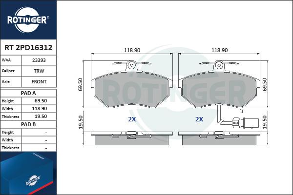 Rotinger RT 2PD16312 - Комплект спирачно феродо, дискови спирачки vvparts.bg