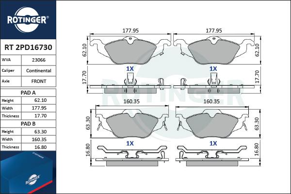 Rotinger RT 2PD16730 - Комплект спирачно феродо, дискови спирачки vvparts.bg