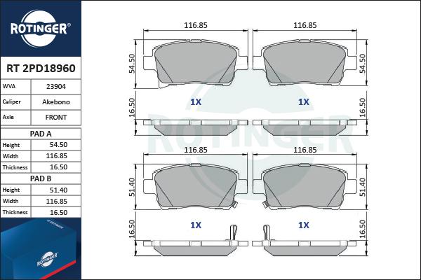 Rotinger RT 2PD18960 - Комплект спирачно феродо, дискови спирачки vvparts.bg