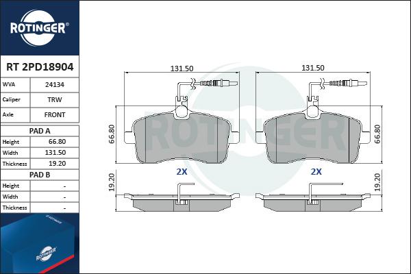 Rotinger RT 2PD18904 - Комплект спирачно феродо, дискови спирачки vvparts.bg