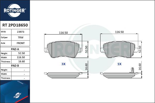 Rotinger RT 2PD18650 - Комплект спирачно феродо, дискови спирачки vvparts.bg