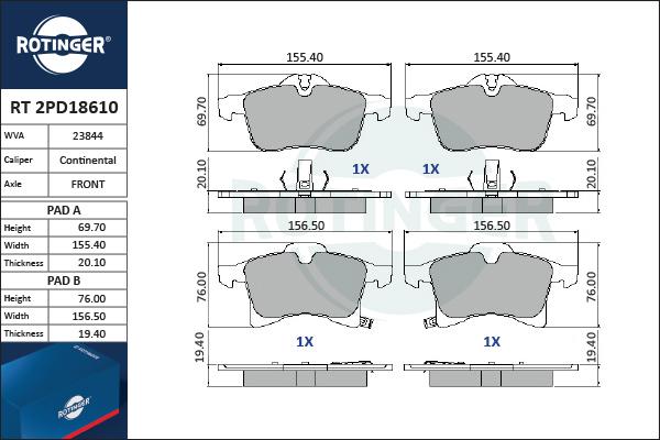 Rotinger RT 2PD18610 - Комплект спирачно феродо, дискови спирачки vvparts.bg