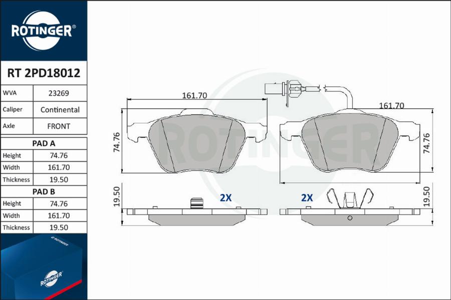 Rotinger RT 2PD18012 - Комплект спирачно феродо, дискови спирачки vvparts.bg