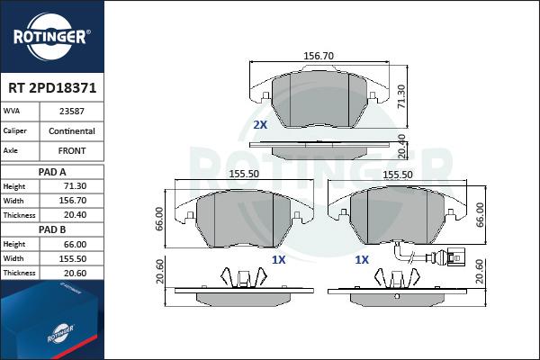 Rotinger RT 2PD18371 - Комплект спирачно феродо, дискови спирачки vvparts.bg