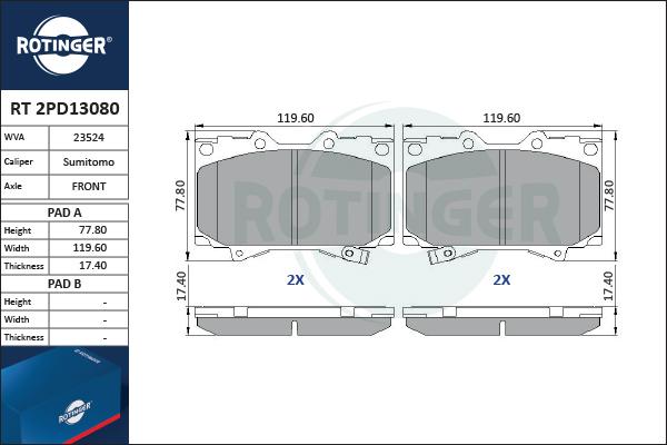 Rotinger RT 2PD13080 - Комплект спирачно феродо, дискови спирачки vvparts.bg