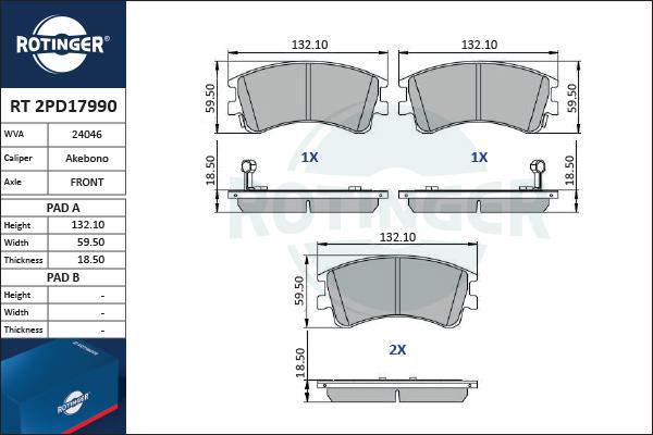 Rotinger RT 2PD17990 - Комплект спирачно феродо, дискови спирачки vvparts.bg