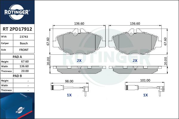 Rotinger RT 2PD17912 - Комплект спирачно феродо, дискови спирачки vvparts.bg