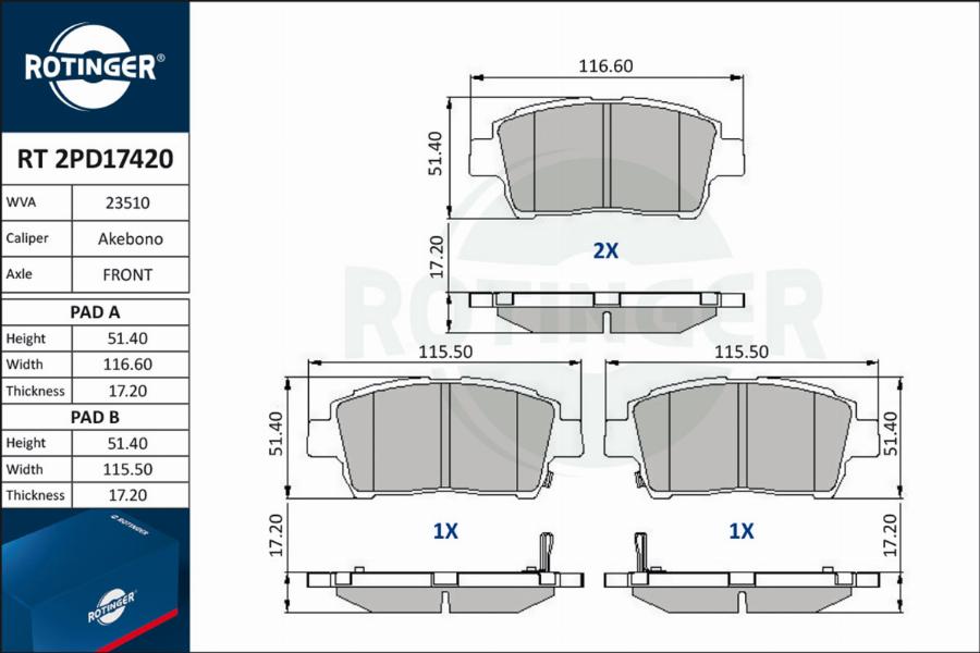 Rotinger RT 2PD17420 - Комплект спирачно феродо, дискови спирачки vvparts.bg