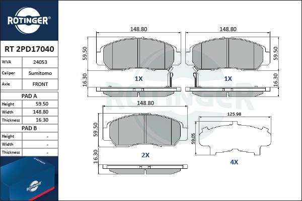 Rotinger RT 2PD17040 - Комплект спирачно феродо, дискови спирачки vvparts.bg