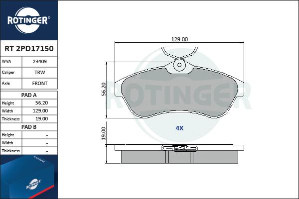 Rotinger RT 2PD17150 - Комплект спирачно феродо, дискови спирачки vvparts.bg