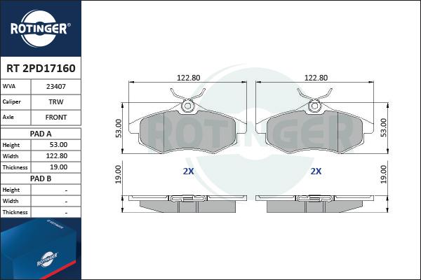 Rotinger RT 2PD17160 - Комплект спирачно феродо, дискови спирачки vvparts.bg