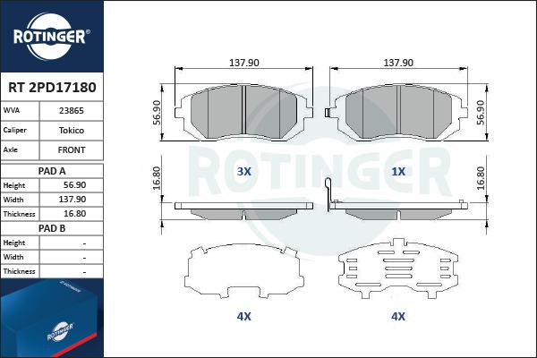 Rotinger RT 2PD17180 - Комплект спирачно феродо, дискови спирачки vvparts.bg