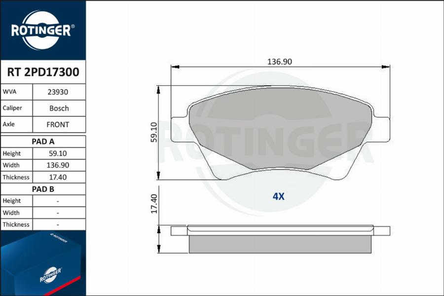 Rotinger RT 2PD17300 - Комплект спирачно феродо, дискови спирачки vvparts.bg