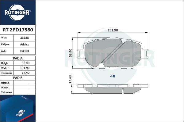 Rotinger RT 2PD17380 - Комплект спирачно феродо, дискови спирачки vvparts.bg