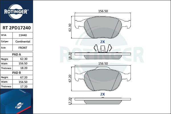 Rotinger RT 2PD17240 - Комплект спирачно феродо, дискови спирачки vvparts.bg