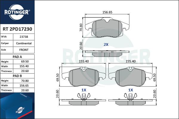 Rotinger RT 2PD17230 - Комплект спирачно феродо, дискови спирачки vvparts.bg