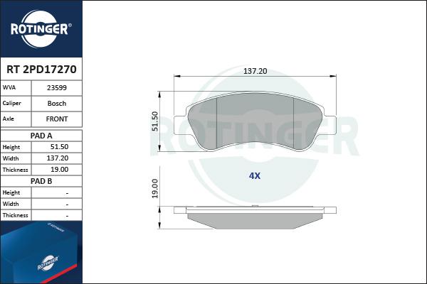 Rotinger RT 2PD17270 - Комплект спирачно феродо, дискови спирачки vvparts.bg