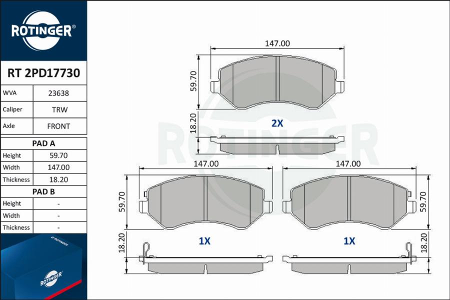 Rotinger RT 2PD17730 - Комплект спирачно феродо, дискови спирачки vvparts.bg