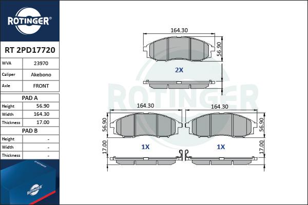 Rotinger RT 2PD17720 - Комплект спирачно феродо, дискови спирачки vvparts.bg