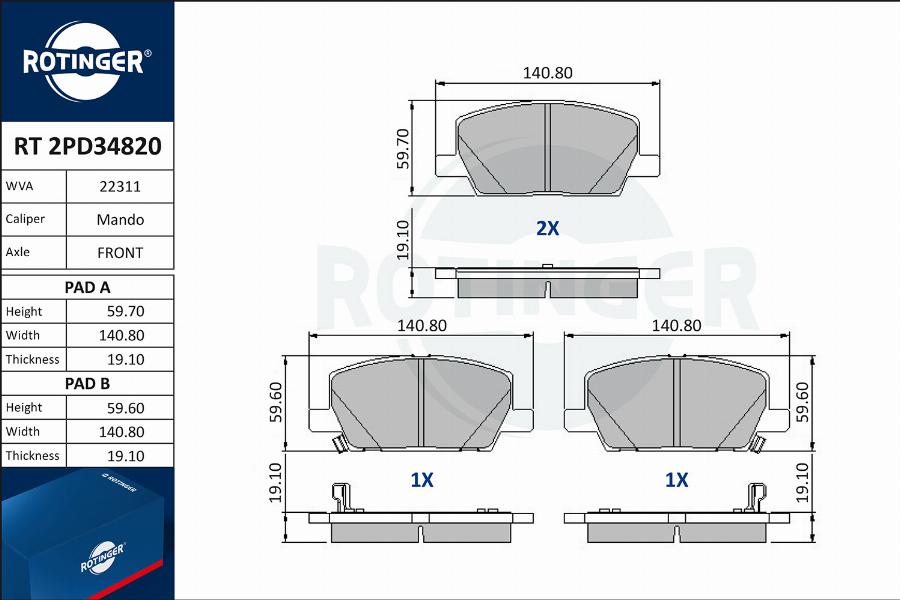 Rotinger RT 2PD34820 - Комплект спирачно феродо, дискови спирачки vvparts.bg