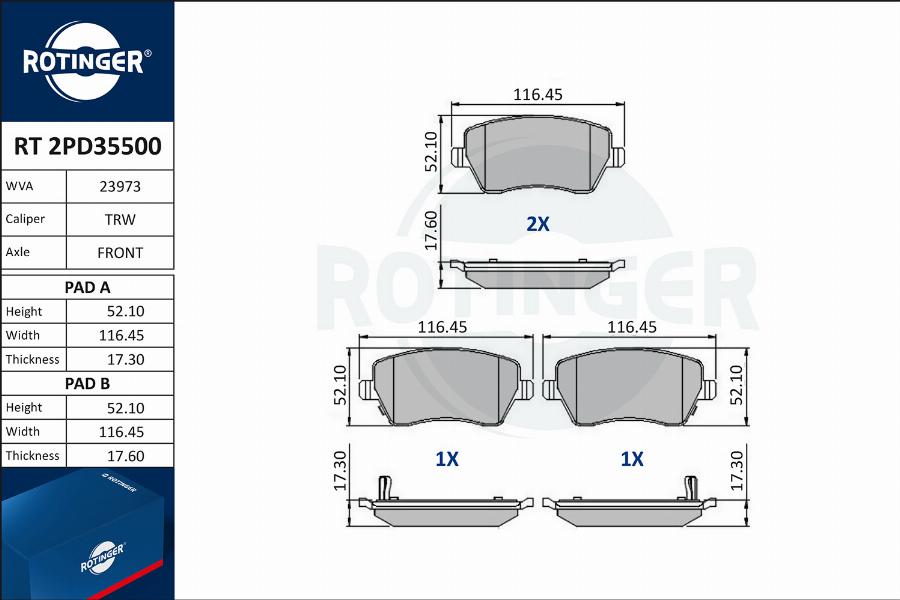 Rotinger RT 2PD35500 - Комплект спирачно феродо, дискови спирачки vvparts.bg