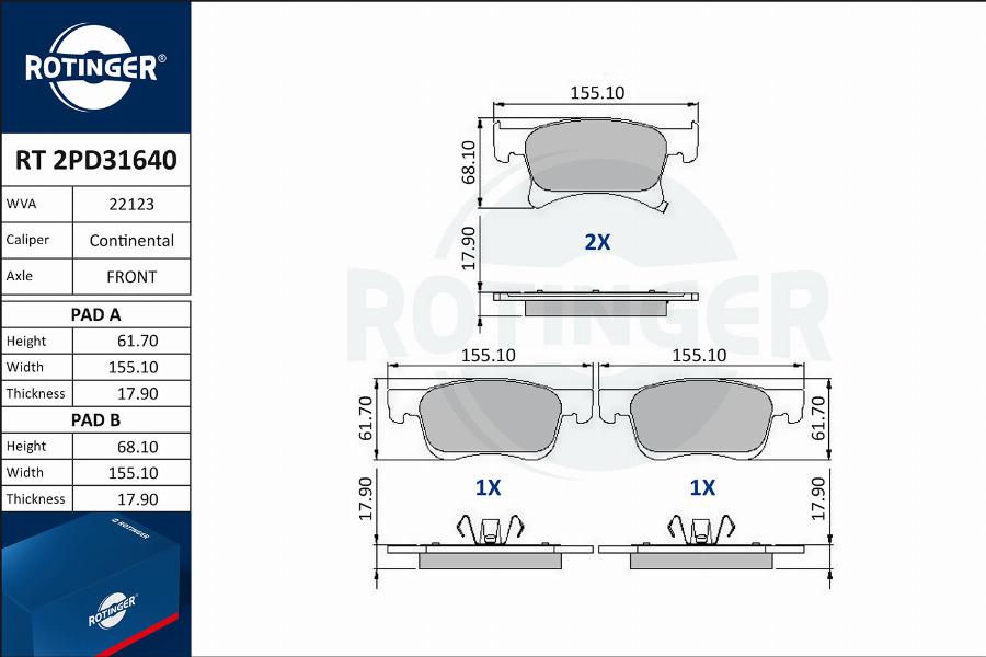 Rotinger RT 2PD31640 - Комплект спирачно феродо, дискови спирачки vvparts.bg