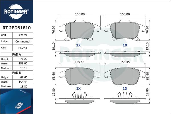 Rotinger RT 2PD31810 - Комплект спирачно феродо, дискови спирачки vvparts.bg