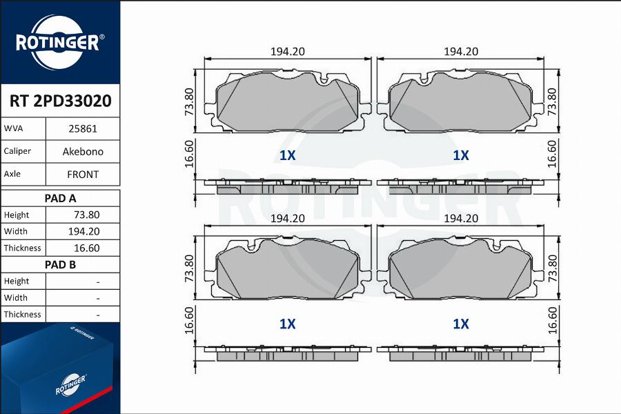 Rotinger RT 2PD33020 - Комплект спирачно феродо, дискови спирачки vvparts.bg