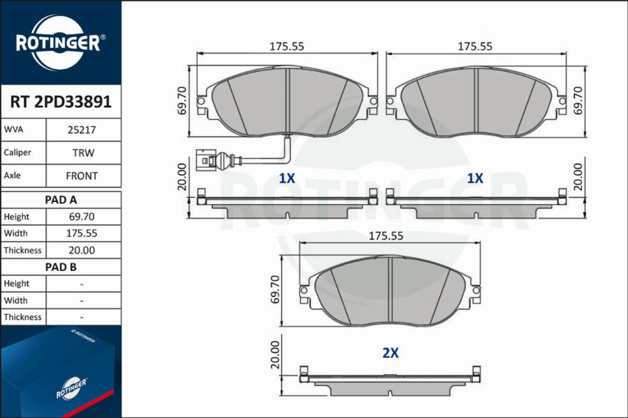 Rotinger RT 2PD33891 - Комплект спирачно феродо, дискови спирачки vvparts.bg