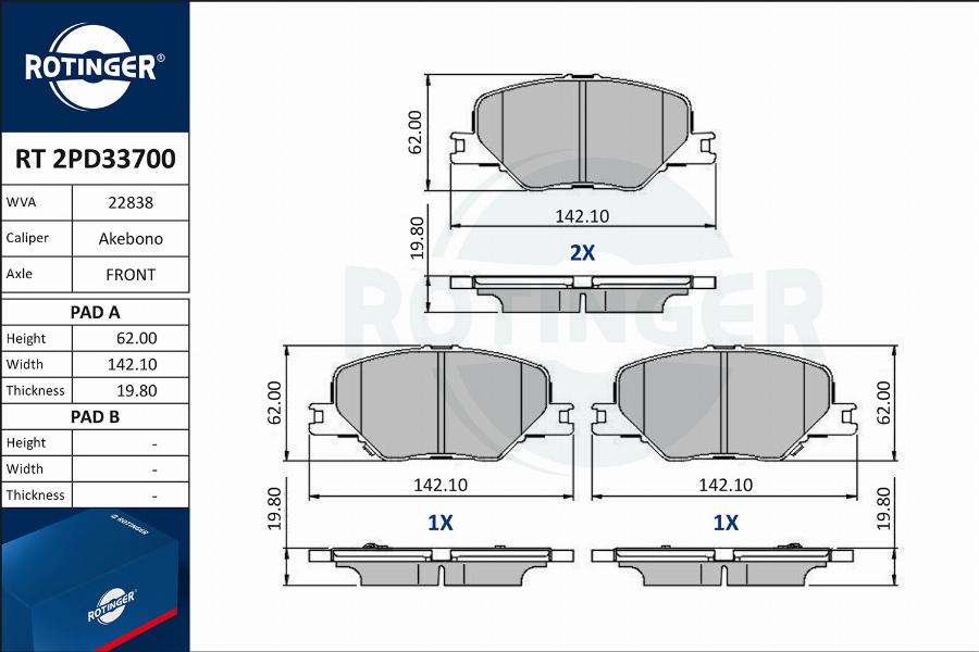 Rotinger RT 2PD33700 - Комплект спирачно феродо, дискови спирачки vvparts.bg