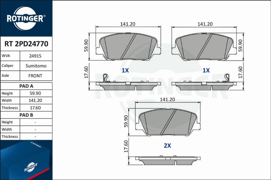 Rotinger RT 2PD24770 - Комплект спирачно феродо, дискови спирачки vvparts.bg