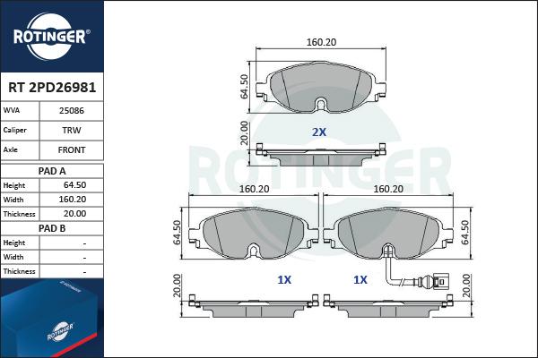 Rotinger RT 2PD26981 - Комплект спирачно феродо, дискови спирачки vvparts.bg