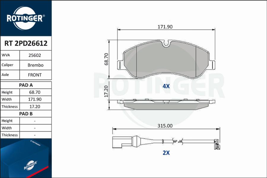 Rotinger RT 2PD26612 - Комплект спирачно феродо, дискови спирачки vvparts.bg