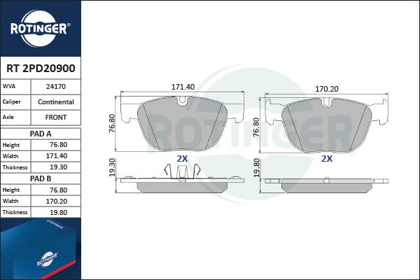 Rotinger RT 2PD20900 - Комплект спирачно феродо, дискови спирачки vvparts.bg