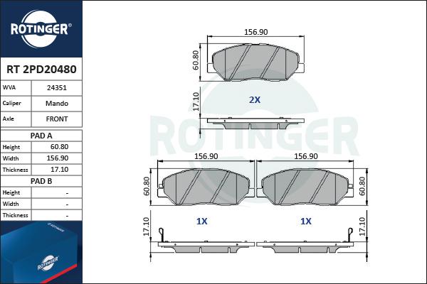 Rotinger RT 2PD20480 - Комплект спирачно феродо, дискови спирачки vvparts.bg