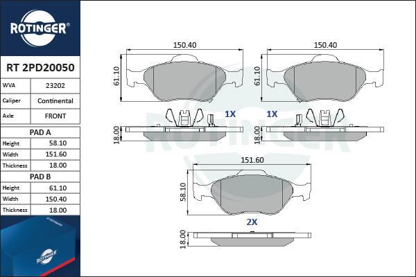 Rotinger RT 2PD20050 - Комплект спирачно феродо, дискови спирачки vvparts.bg