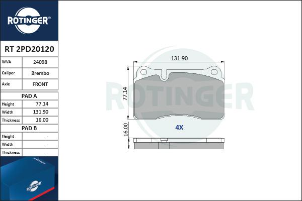 Rotinger RT 2PD20120 - Комплект спирачно феродо, дискови спирачки vvparts.bg